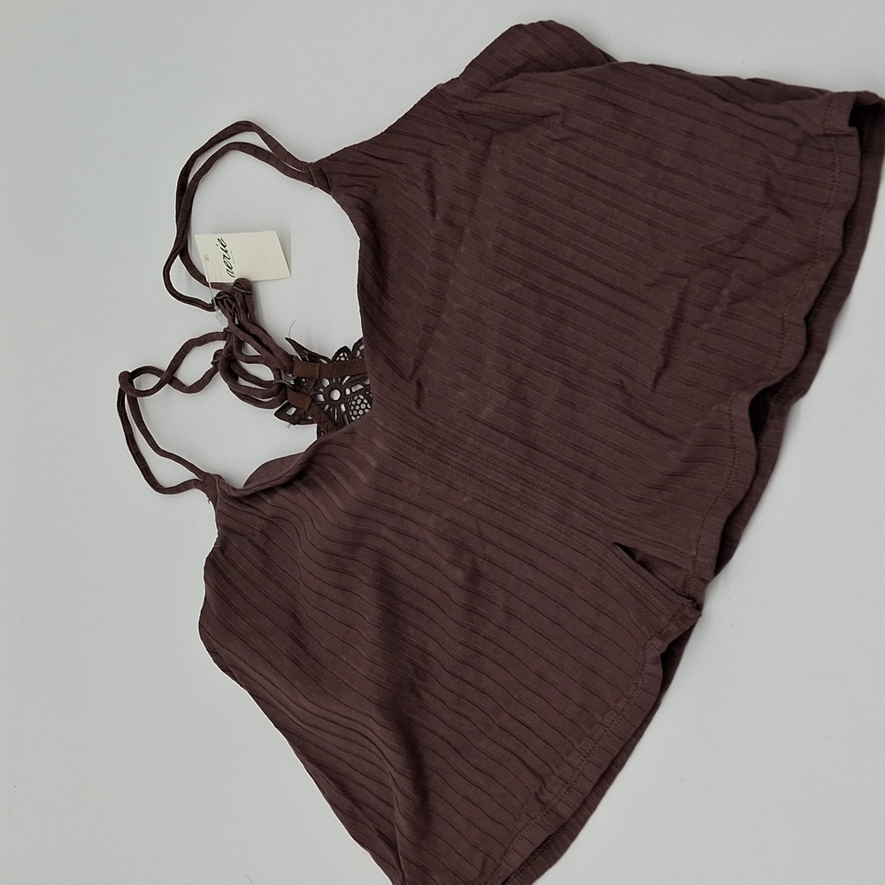 Aerie Ribbed Applique Lace Longline Bralette Dark Brown M